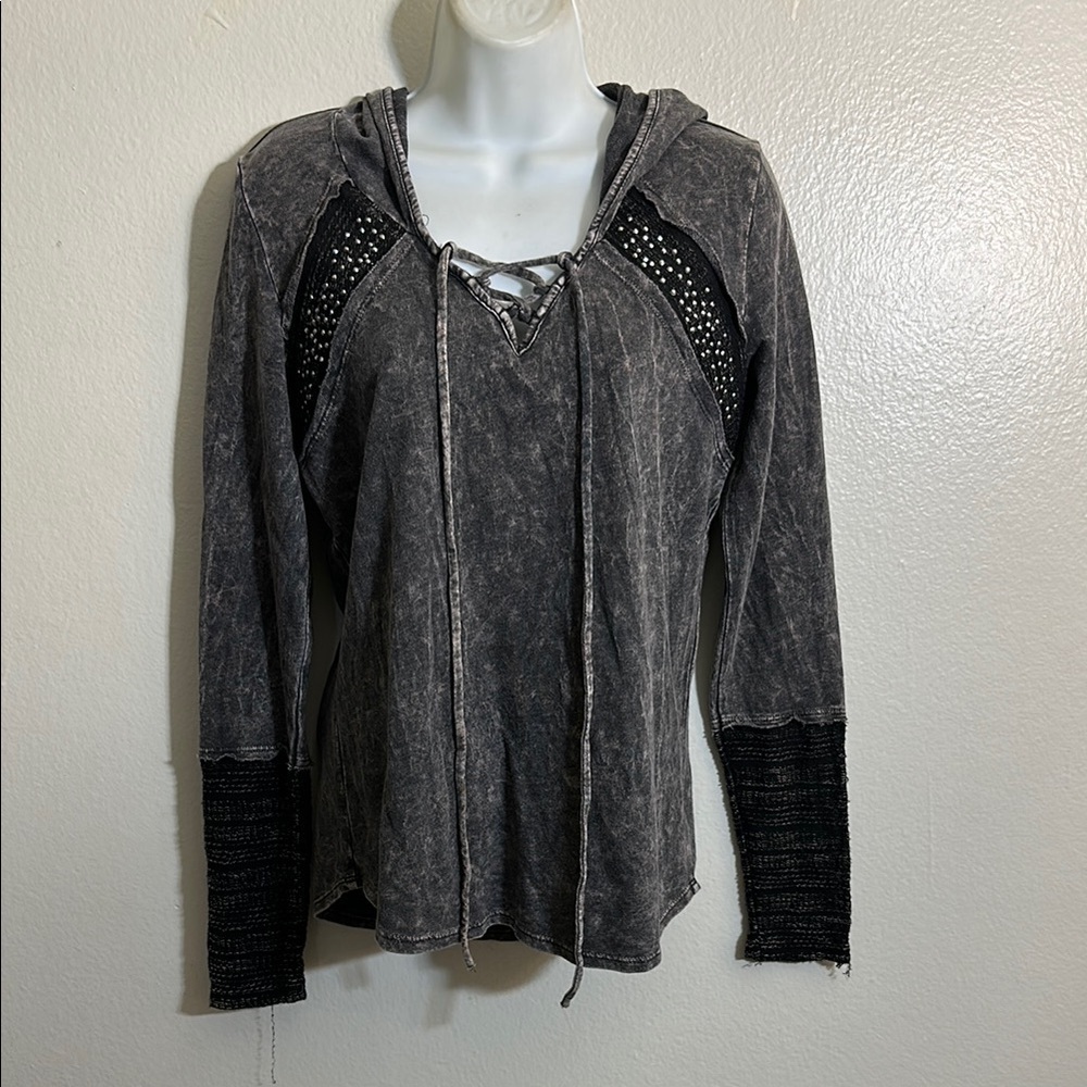 VENUS Gray Ribbed Tie Front Hoodie